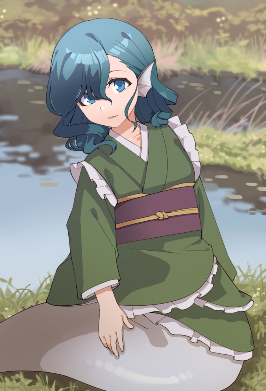 blue_eyes blue_hair collarbone commentary_request drill_hair female fins frilled_kimono frills grass green_kimono head_fins highres japanese_clothes kimono long_sleeves looking_at_viewer mermaid monster_girl nurupo_(abooon) obi pond sash sitting solo touhou wakasagihime water