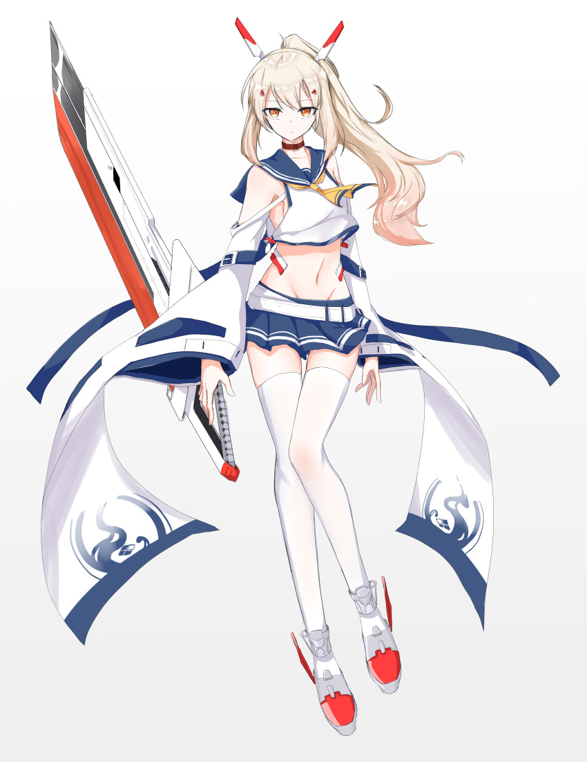 absurdres armpit_peek ayanami_(azur_lane) ayanami_(retrofit)_(azur_lane) azur_lane bad_id bad_pixiv_id belt blonde_hair blue_skirt choker closed_mouth collarbone commentary_request detached_sleeves dot_mouth dot_nose eyes_visible_through_hair female full_body gradient_background groin hair_ornament hairclip hareriya headgear highres holding holding_sword holding_weapon long_hair looking_at_viewer midriff navel orange_eyes pleated_skirt ponytail ribbon-trimmed_sleeves ribbon_trim school_uniform serafuku sidelocks simple_background skirt solo sword thighhighs weapon white_background white_thighhighs wide_sleeves zettai_ryouiki