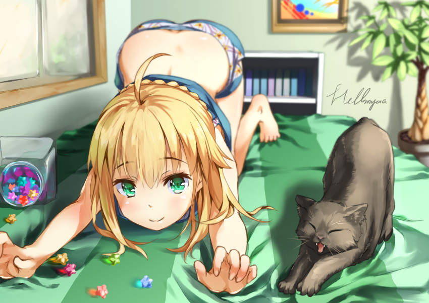 ahoge all_fours animal artoria_pendragon_(fate) barefoot bed_sheet black_cat blonde_hair blurry candy cat_day cat_stretch closed_mouth commentary_request fate/stay_night fate_(series) feline female food green_eyes hellnyaa highres indoors konpeitou revision saber_(fate) short_hair smile solo stretching symmetrical_pose