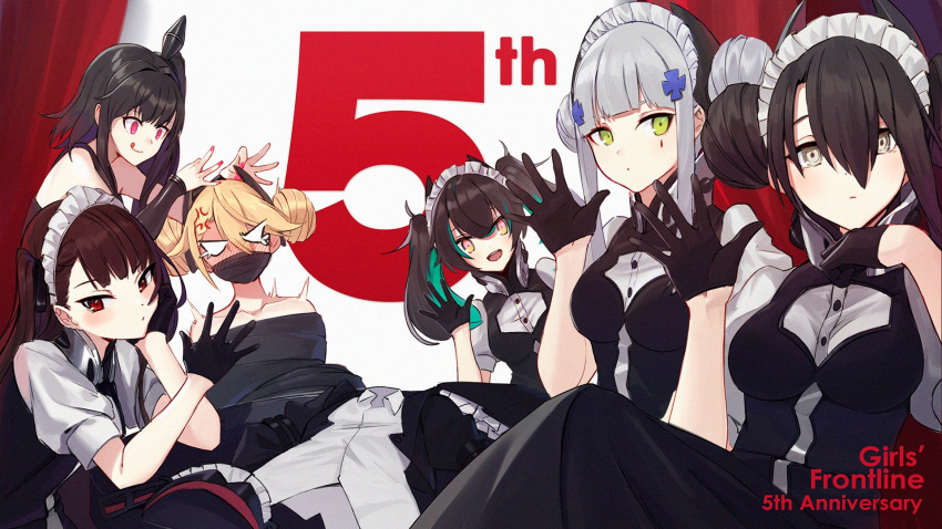 6+girls :q agent_(girls'_frontline) agent_(girls'_frontline)_(cosplay) alternate_costume anger_vein angry anniversary architect_(girls'_frontline) bare_shoulders black_dress blonde_hair blunt_bangs blush bound brown_hair commentary cosplay double_bun dress enmaided g36_(girls'_frontline) gag gagged girls'_frontline gloves green_eyes grey_hair hair_between_eyes hair_bun hand_on_own_chin headgear highres hk416_(girls'_frontline) long_hair looking_at_viewer maid maid_headdress multiple_girls nail_polish one_side_up open_mouth ranyu red_eyes saf_(girls'_frontline) sangvis_ferri shirt short_sleeves sidelocks tied_up_(nonsexual) tongue tongue_out wa2000_(girls'_frontline) white_shirt yellow_eyes