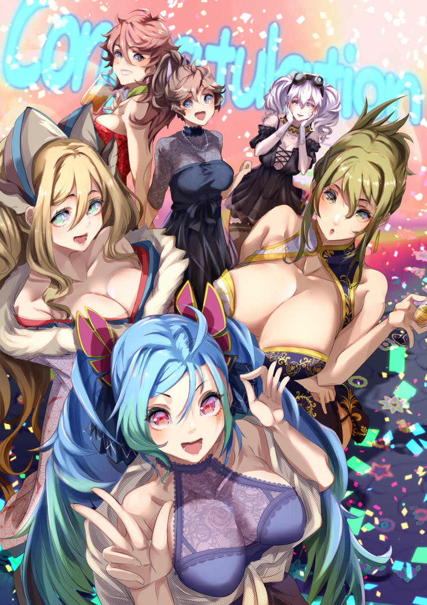 6+girls absurdres alternate_costume amari_aquamarine az_sainklaus beer_mug black_dress blue_hair blush breasts brown_hair china_dress chinese_clothes cleavage cup dress grey_hair hair_behind_ear hair_between_eyes hands_on_own_face head_tilt highres holding holding_cup japanese_clothes kimono kisaragi_chitose large_breasts looking_at_viewer medium_breasts mug multiple_girls nine_(super_robot_wars) off_shoulder ok_sign parted_lips pink_eyes pink_hair ponytail purple_eyes ramy_amasaki red_dress red_hair sakurai_sagiri sakusakusakurai smile super_robot_wars super_robot_wars_30 super_robot_wars_t super_robot_wars_v super_robot_wars_x twintails two-tone_dress v v-shaped_eyebrows white_dress