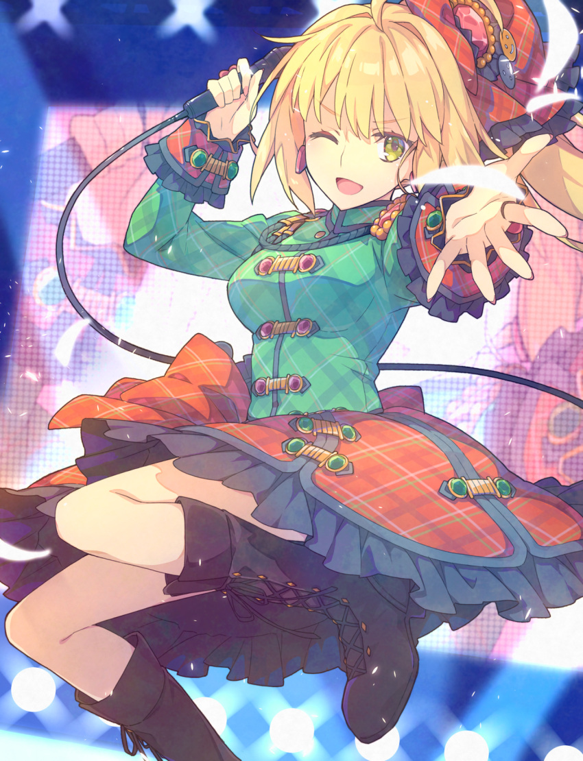 ;d blonde_hair boots bow commentary_request fate/grand_order fate_(series) female green_eyes hairbow highres microphone nero_claudius_(fate) nero_claudius_(fate/extra) nero_claudius_(lostroom_outfit)_(fate) official_alternate_costume one_eye_closed open_mouth plaid plaid_shirt plaid_skirt saipaco shirt side_ponytail skirt smile solo