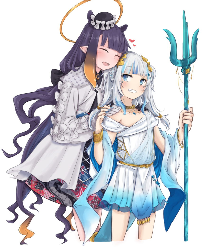 2girls :d ^_^ aoi_(aoisaka) blue_eyes blue_hair blue_nails blunt_bangs bow bracelet closed_eyes commentary fins fish_tail gawr_gura gawr_gura_(party_dress) grey_hair grin halo hands_on_another's_shoulders hat heart highres hololive hololive_english jewel_under_eye jewelry long_hair looking_at_viewer multicolored_hair multiple_girls nail_polish necklace ninomae_ina'nis ninomae_ina'nis_(party_dress) official_alternate_costume pointy_ears polearm purple_hair shark_tail simple_background smile symbol-only_commentary tail tentacle_hair tilted_headwear trident two-tone_hair very_long_hair virtual_youtuber weapon white_background