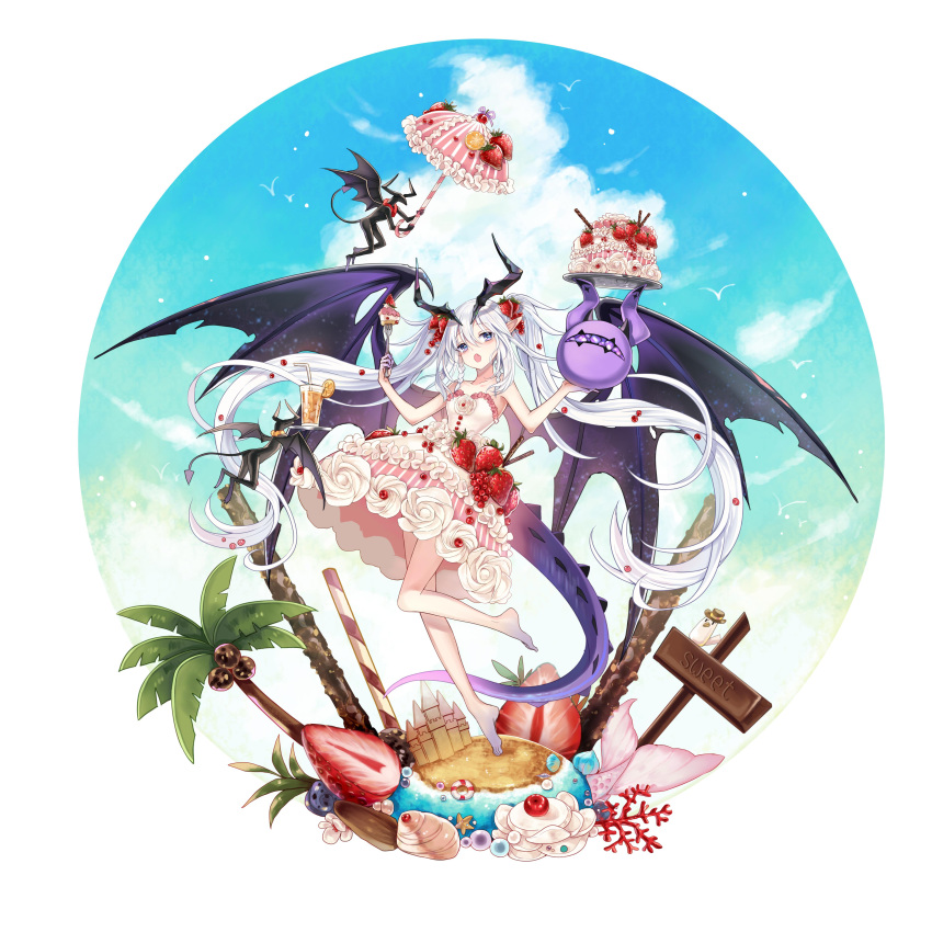 ;o absurdres bare_arms bare_shoulders blue_sky cake cake_dress cake_slice circle cloud clover_theater coconut_tree dragon_girl dragon_horns dragon_tail dragon_wings dress fafnir_(clover_theater) female food food-themed_hair_ornament fork frilled_dress frills full_body hair_between_eyes hair_ornament highres holding holding_fork horns leg_up long_hair looking_at_viewer one_eye_closed palm_tree pocky purple_eyes sand sand_castle sand_sculpture sky sleeveless sleeveless_dress solo standing standing_on_one_leg strawberry_cake strawberry_hair_ornament tail tree twintails very_long_hair white_dress white_hair wings xialuo_yingling