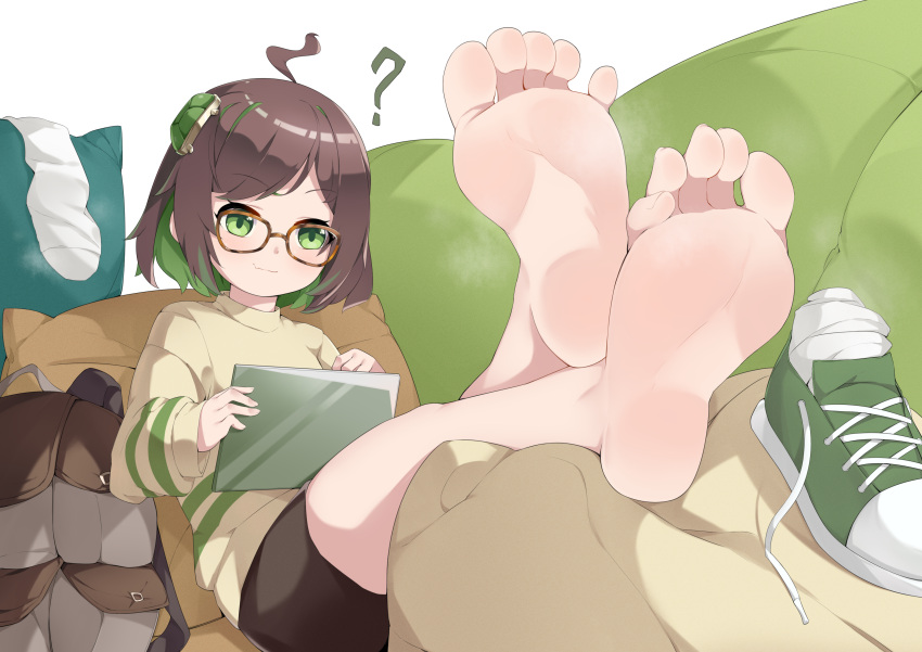 ? absurdres ahoge backpack bag barefoot chashuwu closed_mouth feet female foot_focus foreshortening glasses green_eyes hair_ornament highres original pillow resting shoes socks soles solo steaming_body toes unworn_shoes unworn_socks