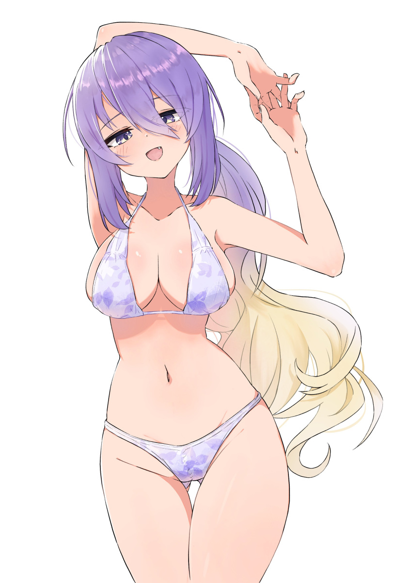 absurdres arms_up bikini blonde_hair breasts commentary female gradient_hair highres hololive hololive_indonesia large_breasts long_hair low_ponytail midoku_(itijikusakura) moona_hoshinova multicolored_hair navel oerba_yun_fang purple_bikini purple_eyes purple_hair simple_background solo swimsuit virtual_youtuber white_background