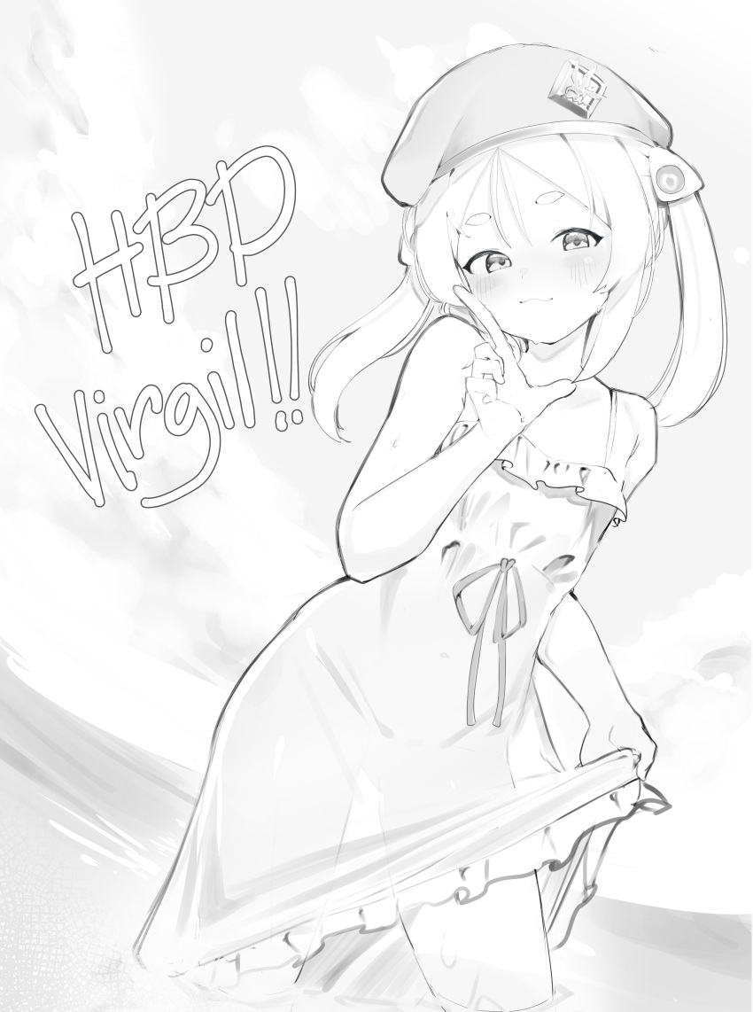 :3 absurdres beret blush closed_mouth cloud commentary dress english_commentary female flat_chest greyscale happy_birthday hat highres kometa_virtual_live looking_at_viewer monochrome ocean outdoors partially_submerged see-through see-through_dress short_hair sky sleeveless sleeveless_dress smile solo standing teriibol twintails virgil_(kometa_virtual_live)