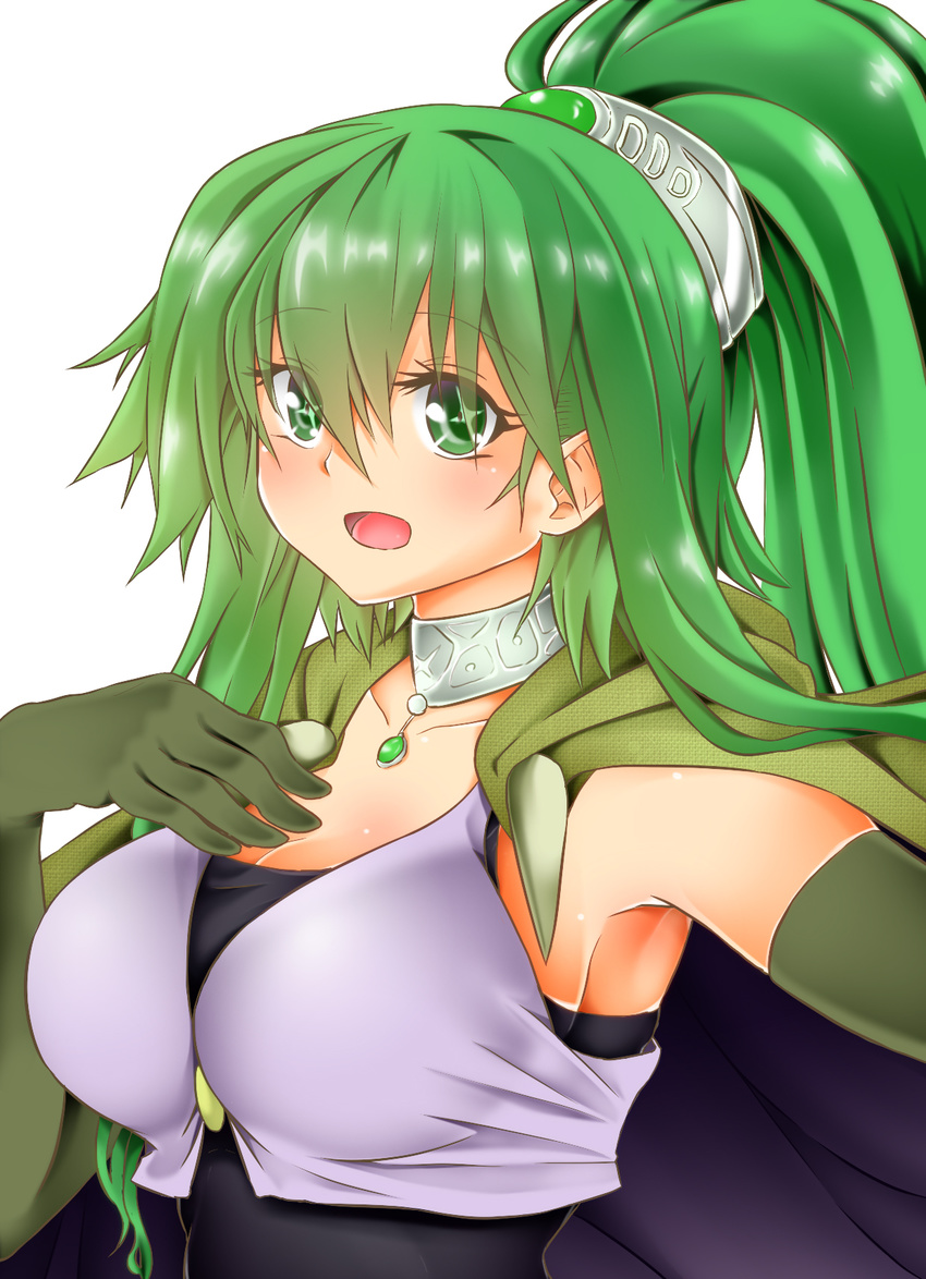 blush breasts collar commentary_request duel_monster female gloves green_eyes green_hair hair_ornament highres jacket jewelry large_breasts long_hair looking_at_viewer open_mouth photoshop_(medium) ponytail simple_background solo spiritual_beast_tamer_winda tahira_ureka white_background winda_(yu-gi-oh!) winda_priestess_of_gusto yu-gi-oh!