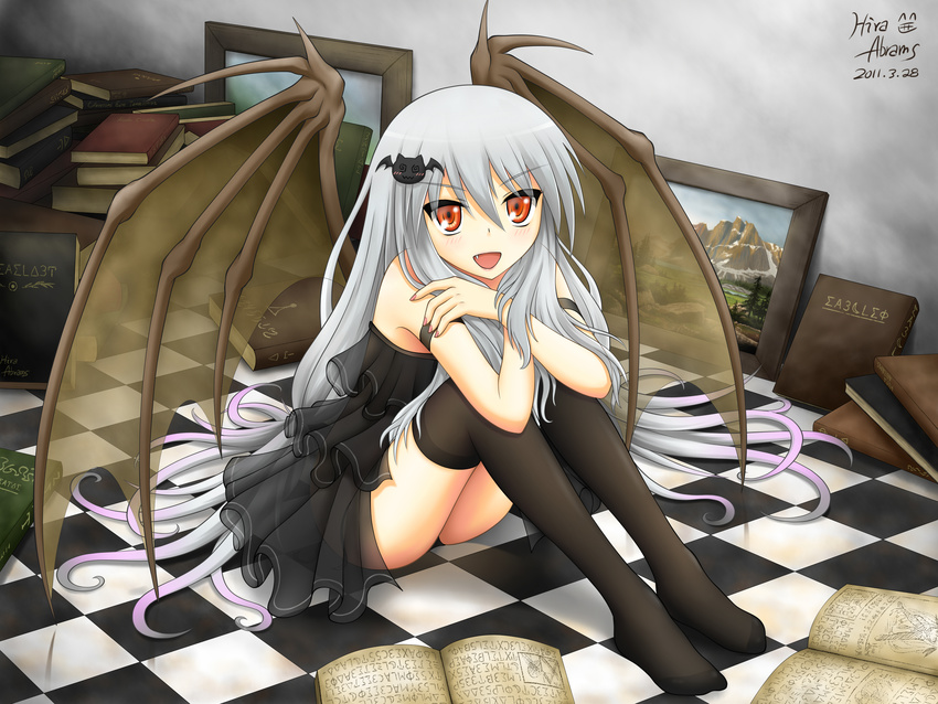 bat_hair_clip blush book canvas_painting checkered checkered_floor dress fingernails floor frilled_dress frills grey_hair highres hira_(zlpabrams) oerba_yun_fang open_mouth orange_eyes panties pantyshot pantyshot_(sitting) sitting thighhighs transparent_wings underwear wings