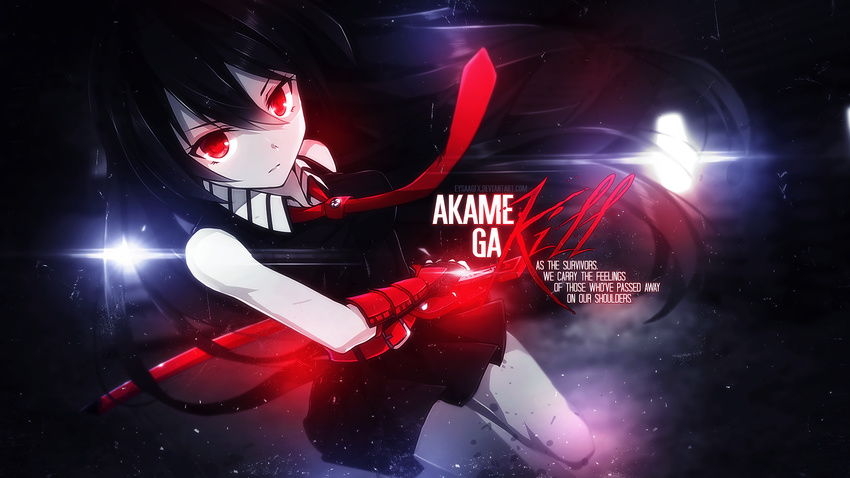 akame akame_ga_kill! black_hair eysaagfx katana red_eyes skirt sword tie watermark weapon