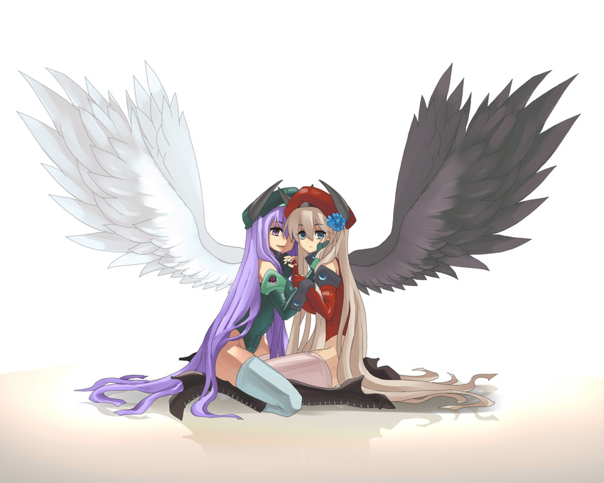 2girls absurdly_long_hair angel_wings bad_id bad_pixiv_id black_wings blonde_hair boots demon_girl hand_on_another's_cheek hand_on_another's_face high_heel_boots high_heels knee_boots la_hawzel la_seizel long_hair looking_at_viewer multiple_girls purple_hair rance_(series) siblings sisters uni_(gugurutan) very_long_hair white_wings wings