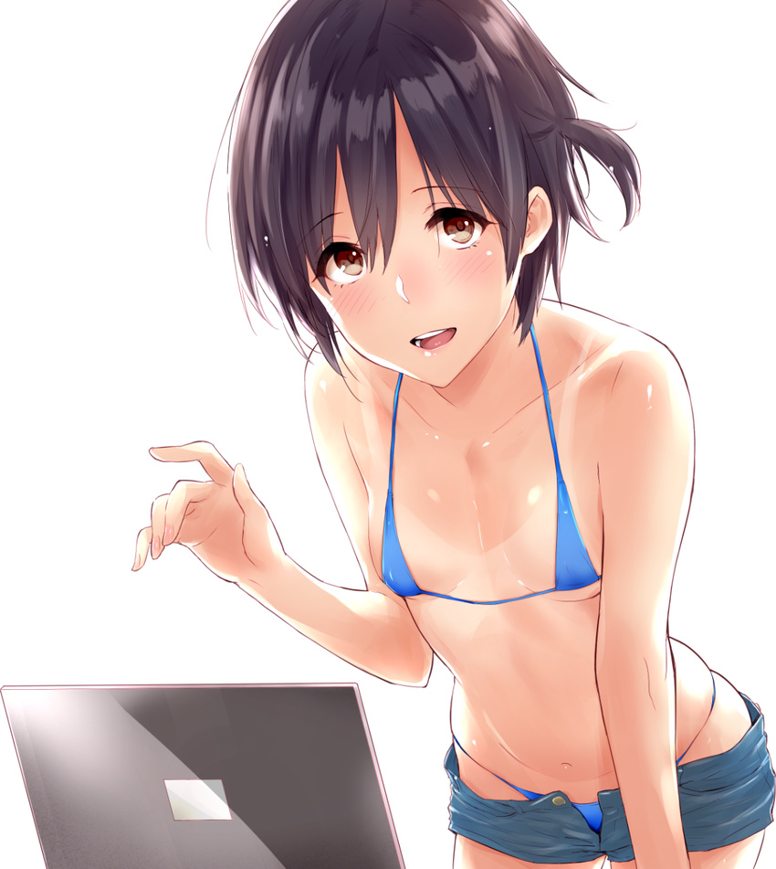 :d bikini black_hair blue_bikini blush breasts brown_eyes computer cowboy_shot female halterneck highres laptop leaning_forward looking_at_viewer micro_bikini napata navel one-piece_tan one_side_up open_fly open_mouth original short_hair short_shorts shorts skindentation small_breasts smile solo string_bikini swimsuit tan tanlines transparent_background