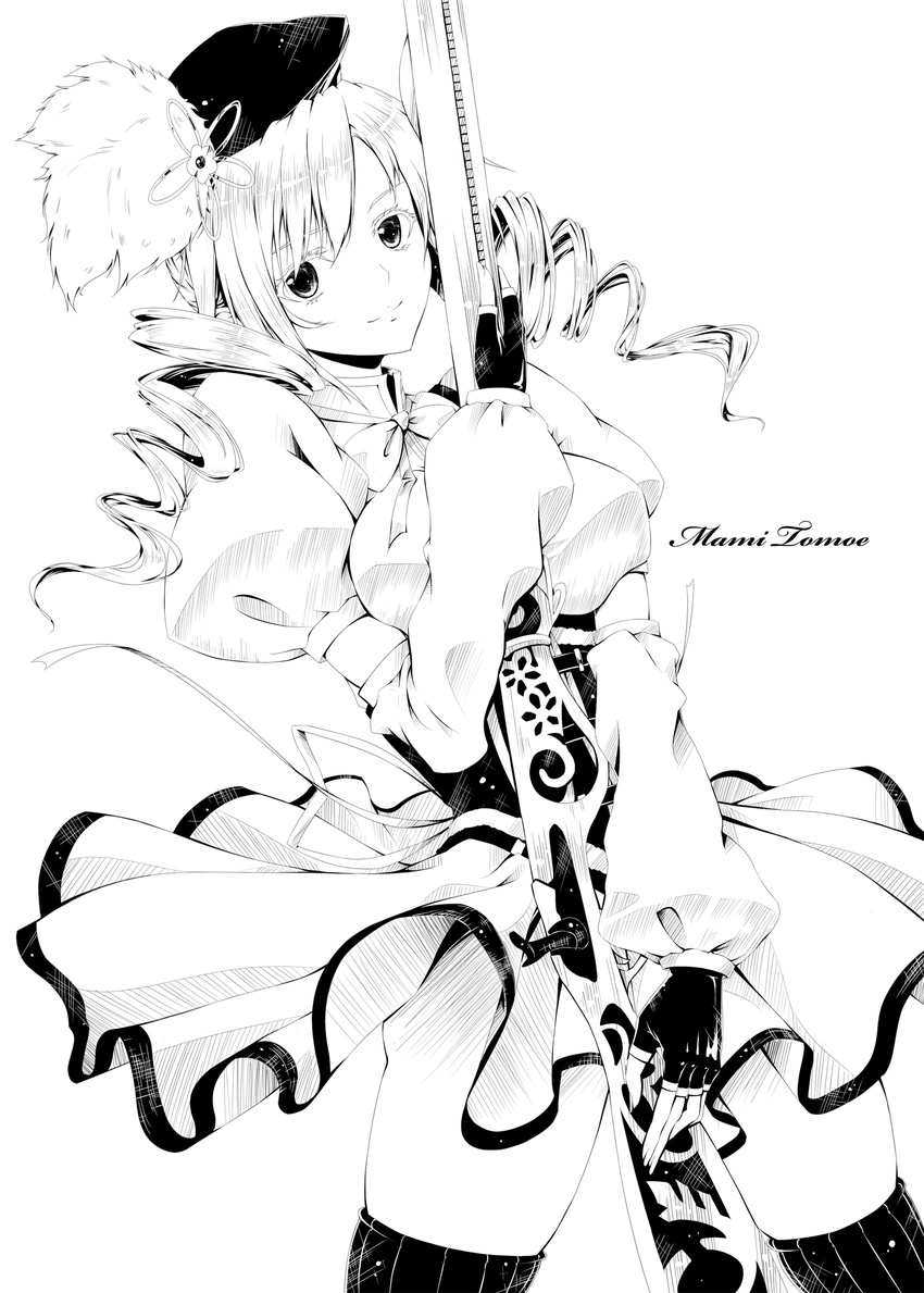 bad_id bad_pixiv_id beret circle_skirt drill_hair female fingerless_gloves gloves greyscale gun hat highres hugging_object ihara_natsume magical_girl mahou_shoujo_madoka_magica mahou_shoujo_madoka_magica_(anime) monochrome skirt solo thighhighs tomoe_mami tomoe_mami_(magical_girl) twin_drills twintails weapon