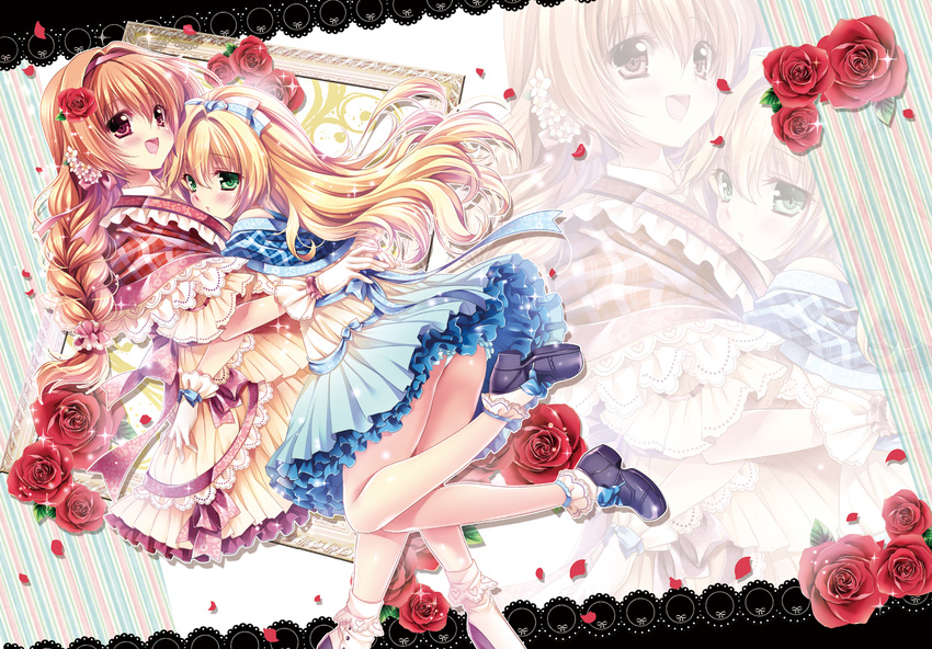 2girls blonde_hair braids byruu flowers green_eyes headband hug lolita_fashion long_hair original red_eyes rose shoujo_ai skirt socks wristwear zoom_layer