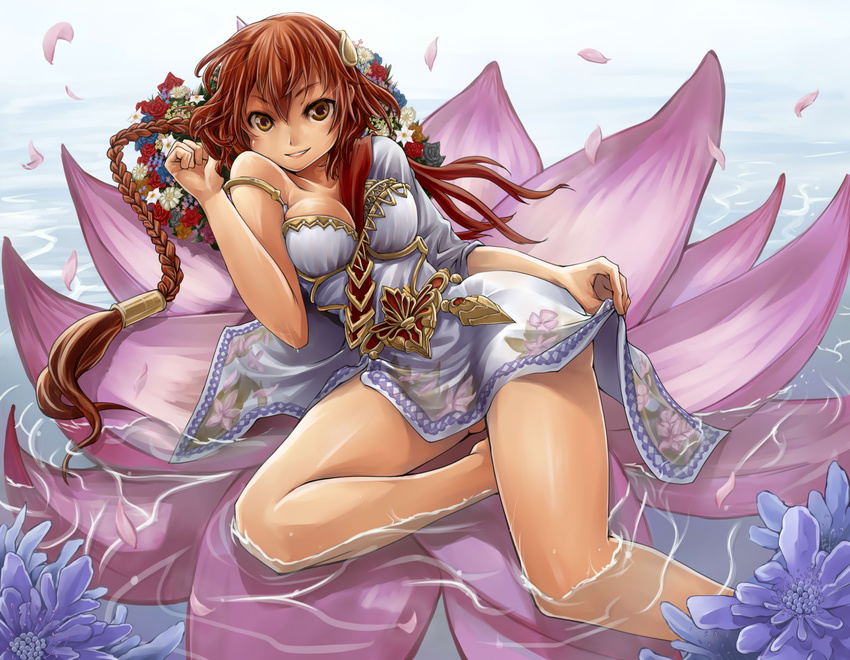 braids breasts brown_hair cleavage dress flowers ishtar kuroboshi_roki long_hair lord_of_vermilion orange_eyes petals rose skirt skirt_lift wet