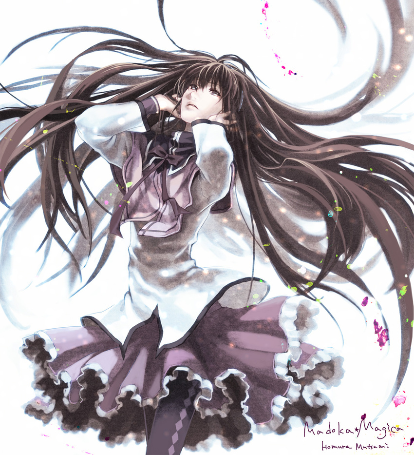 akemi_homura akemi_homura_(magical_girl) bad_id bad_pixiv_id black_eyes black_hair black_pantyhose female floating_hair hands_on_own_cheeks hands_on_own_face highres lips long_hair magical_girl mahou_shoujo_madoka_magica mahou_shoujo_madoka_magica_(anime) pantyhose purple_skirt skirt solo taki_zen'ichi very_long_hair