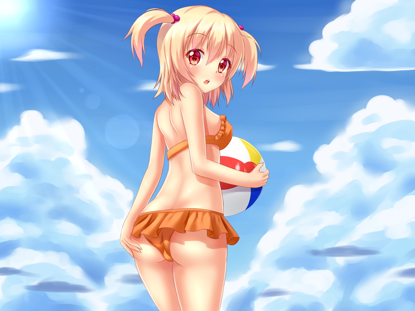 :o ass ball bare_arms bare_shoulders beachball bikini bikini_skirt blonde_hair blue_sky blush breasts cloud colored_eyelashes commentary cowboy_shot day english_commentary female frilled_bikini frills from_behind hair_between_eyes hair_bobbles hair_ornament hand_on_own_ass holding holding_ball lens_flare light_rays looking_at_viewer looking_back medium_breasts medium_hair nottytiffy nova_(nottytiffy) orange_bikini original outdoors parted_lips red_eyes round_teeth sky solo standing summer sun sunlight swimsuit tareme teeth trefoil two_side_up