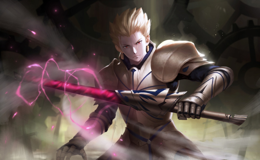 all_male armor blonde_hair cangkong fate/stay_night gilgamesh magic male night red_eyes short_hair weapon