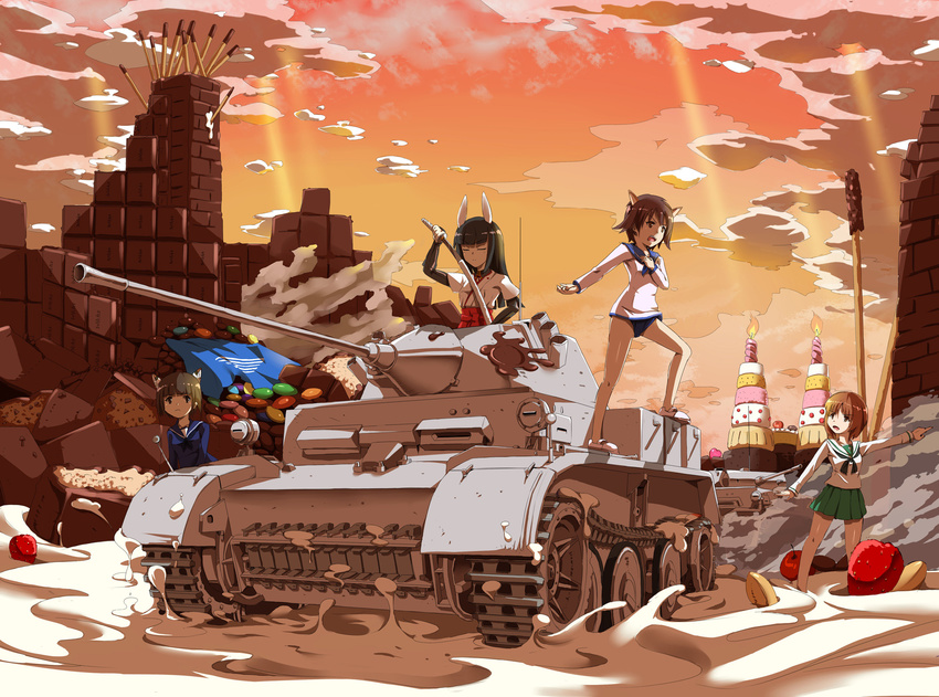 4girls anabuki_tomoko animal_ears black_hair brown_eyes brown_hair candle cat_ears cat_girl caterpillar_tracks cherry chocolate commentary_request creator_connection crossover dog_ears dog_girl food fox_ears fox_girl fruit girls_und_panzer highres katana long_hair military military_uniform military_vehicle miyafuji_yoshika motor_vehicle multiple_girls nishizumi_miho on_vehicle ooarai_school_uniform open_mouth panzer_ii photoshop_(medium) pocky sakomizu_haruka school_uniform sdkfz_123_luchs serafuku short_hair sirills strawberry strike_witches strike_witches:_suomus_misfits_squadron sword tank uniform weapon world_witches_series