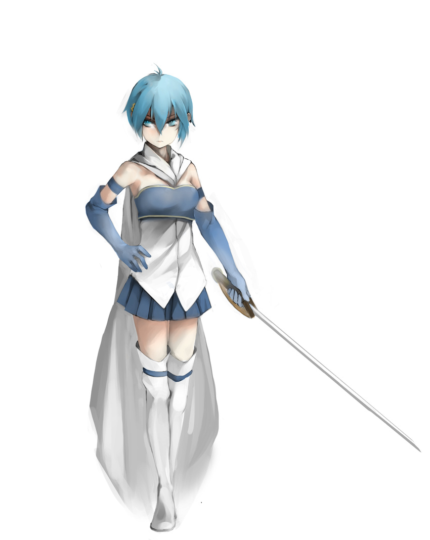 blue_hair boots cape commentary_request elbow_gloves female gloves highres magical_girl mahou_shoujo_madoka_magica mahou_shoujo_madoka_magica_(anime) miki_sayaka miki_sayaka_(magical_girl) orokanahime photoshop_(medium) skirt solo strapless sword thighhighs weapon white_cape zettai_ryouiki