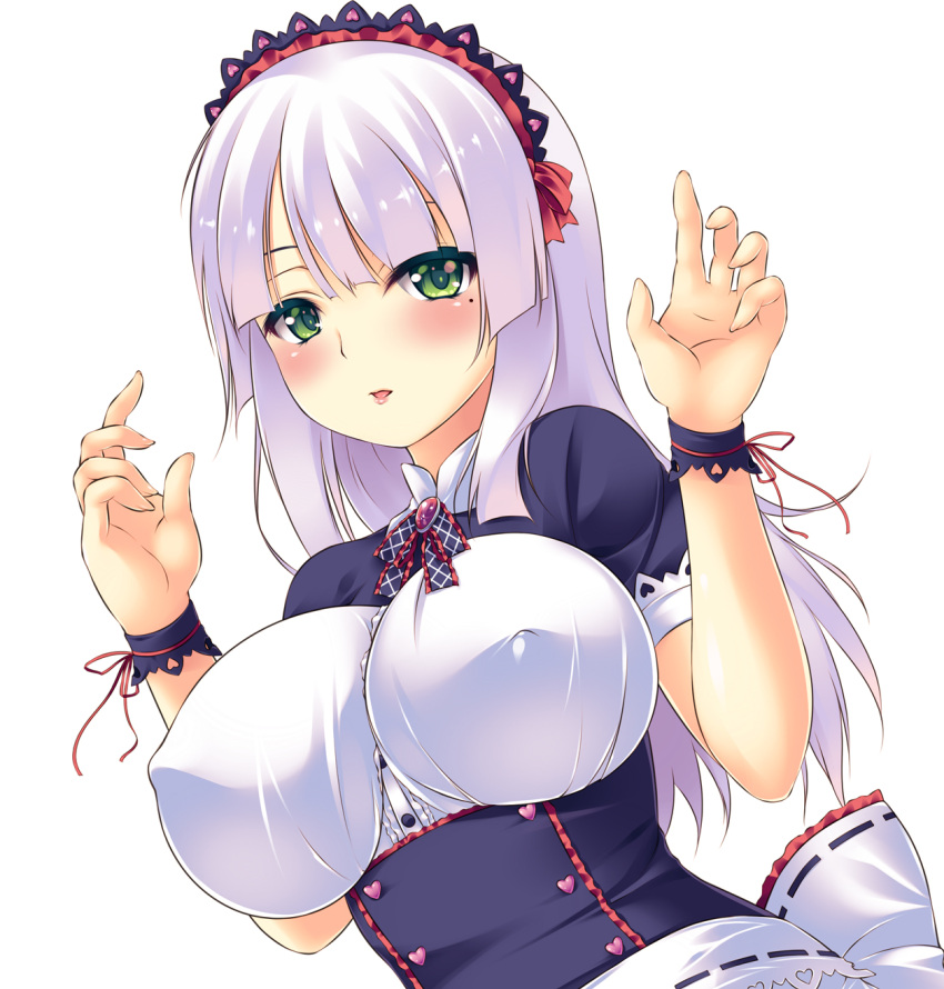 apron bad_id bad_pixiv_id blush bow breasts buttons commentary_request corset covered_nipples female green_eyes hairbow hands_up heart highres impossible_clothes impossible_shirt iroha_(unyun) large_breasts long_hair looking_at_viewer maid maid_headdress mole mole_under_eye open_mouth original photoshop_(medium) ribbon shirt simple_background solo upper_body waist_apron white_background white_hair wrist_cuffs wrist_ribbon