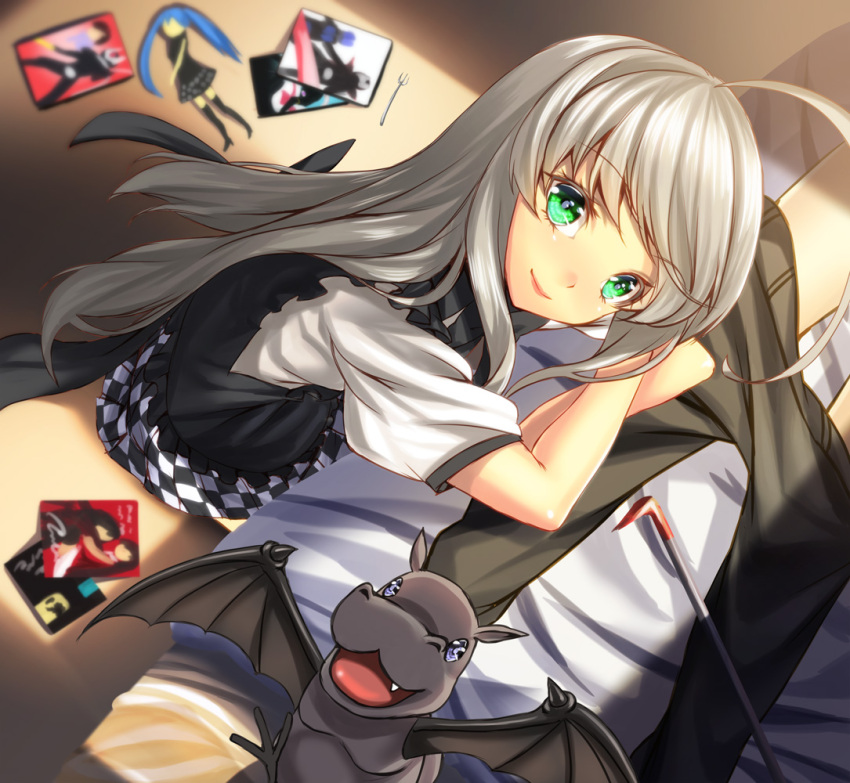 ahoge bad_id bad_pixiv_id crowbar female green_eyes grey_hair haiyore!_nyaruko-san huge_ahoge long_hair looking_at_viewer looking_up nyarlathotep_(nyaruko-san) school_uniform shantak_(nyaruko-san) smile unowen