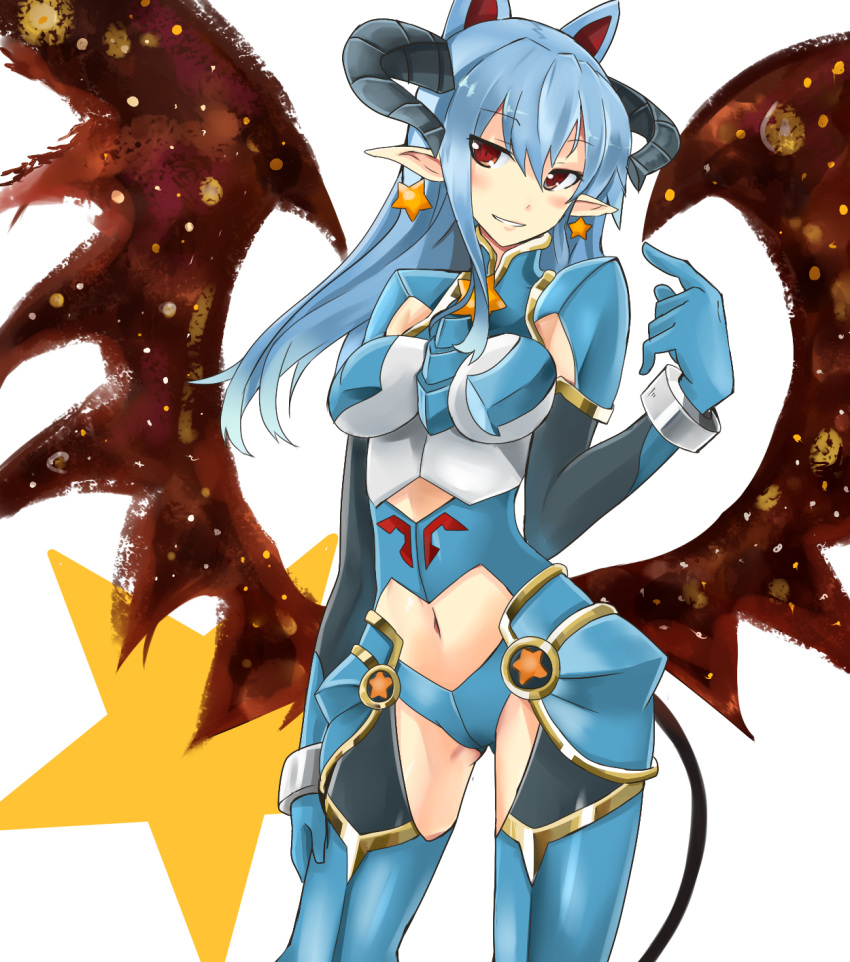 animal_ears blue_hair commentary_request earrings extra_ears female gloves highres horns jewelry long_hair low_wings navel red_eyes shinrabanshou solo star_(symbol) wings yoru_maou_belpheria yoshizawa_tsubaki