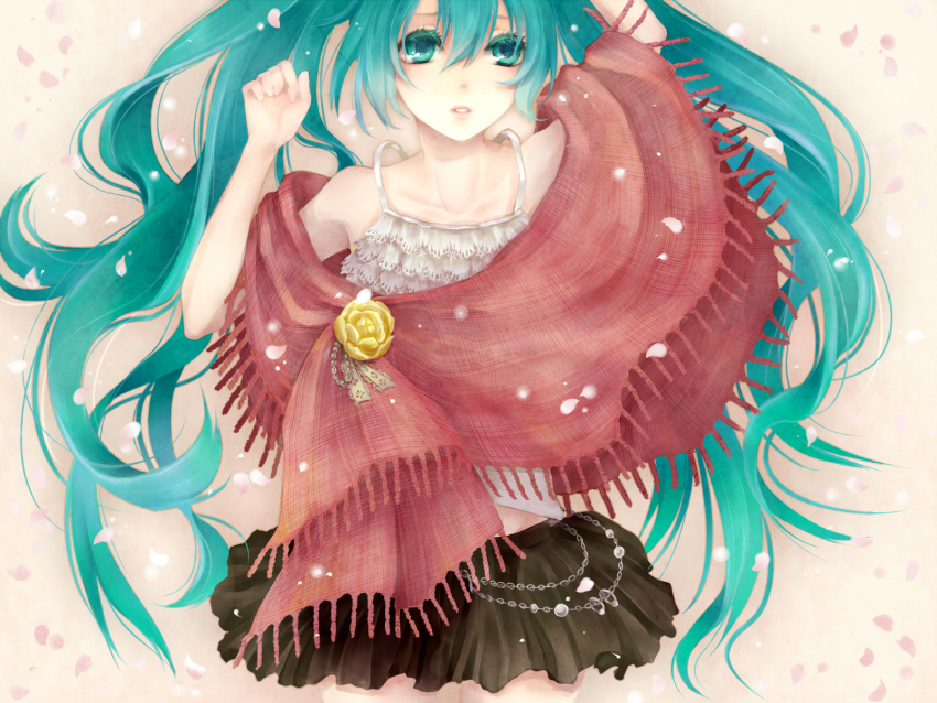 aqua_eyes aqua_hair bad_id bad_pixiv_id female hatsune_miku highres long_hair petals skirt solo vocaloid yamaneko514