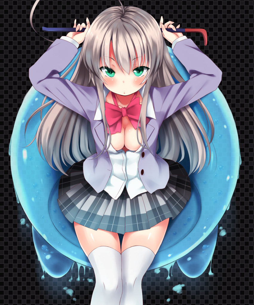 ahoge bad_id bad_pixiv_id blush bow breasts cleavage crowbar female green_eyes grey_hair haiyore!_nyaruko-san highres holding holding_crowbar huge_ahoge long_hair looking_at_viewer medium_breasts nyarlathotep_(nyaruko-san) pokachu school_uniform skirt solo thighhighs white_thighhighs zettai_ryouiki