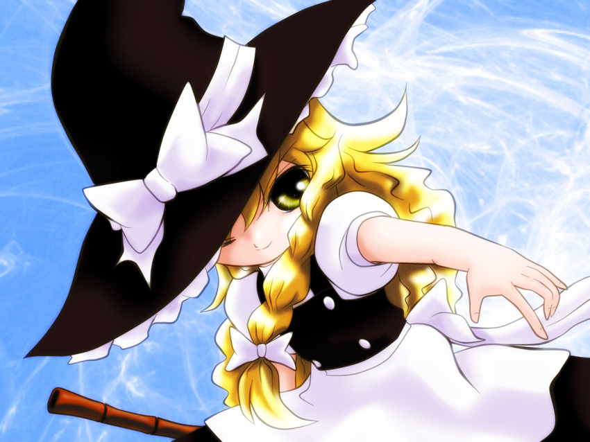 blonde_hair commentary_request female hat kirisame_marisa long_hair one_eye_closed photoshop_(medium) smile solo touhou witch_hat yellow_eyes yume_shokunin