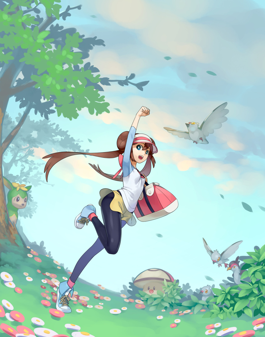 arm_up bad_id bad_pixiv_id bag bird black_pantyhose blue_eyes blush breasts brown_hair cloud day deerling deerling_(summer) double_bun doughnut_hair_bun female flower foongus grass hair_bun hat highres legs long_hair nature open_mouth outdoors pantyhose pantyhose_under_shorts photoshop_(medium) pidove pokemon pokemon_(creature) pokemon_bw2 raglan_sleeves rosa_(pokemon) shoes shorts shoulder_bag sky small_breasts smile sneakers toramaru tranquill tree twintails visor_cap walking