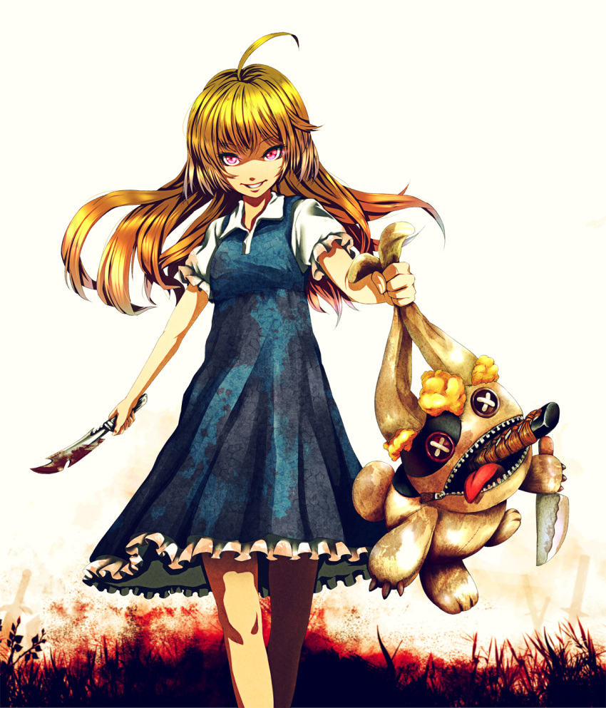 ahoge bad_id bad_pixiv_id blonde_hair blood blood_stain female highres infinote knife long_hair looking_at_viewer pink_eyes pixiv_fantasia pixiv_fantasia_sword_regalia smile solo stuffed_toy