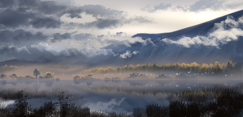 animal bad_id bad_pixiv_id bird cloud dated grass haze landscape mountain mugon no_humans original outdoors photoshop_(medium) reflection scenery signature sky tree water