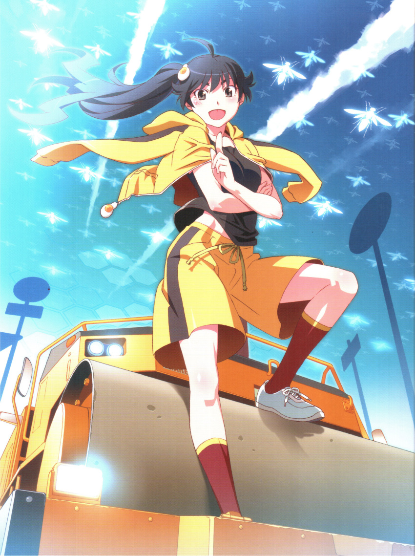 absurdres ahoge araragi_karen bakemonogatari bee black_hair brown_eyes bug contrail day egg_hair_ornament female food-themed_hair_ornament ground_vehicle hair_ornament highres hood hooded_track_jacket imageboard_desourced jacket long_hair machinery monogatari_(series) motor_vehicle nisemonogatari non-web_source official_art open_mouth scan shorts side_ponytail sky socks solo steamroller track_jacket watanabe_akio yellow_shorts