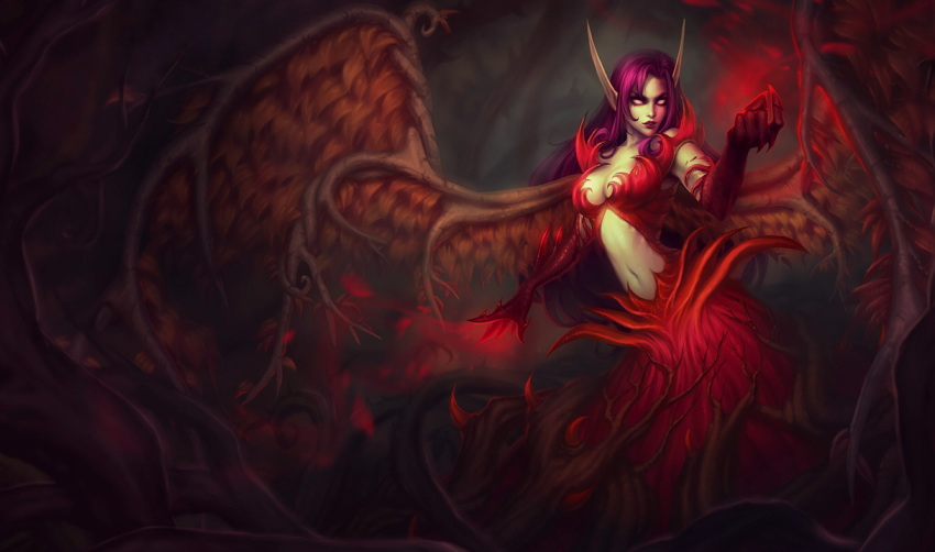 blackthorn_morgana breasts cleavage female glowing glowing_eyes league_of_legends medium_breasts morgana_(league_of_legends) navel official_art pink_hair pointy_ears purple_hair solo wings