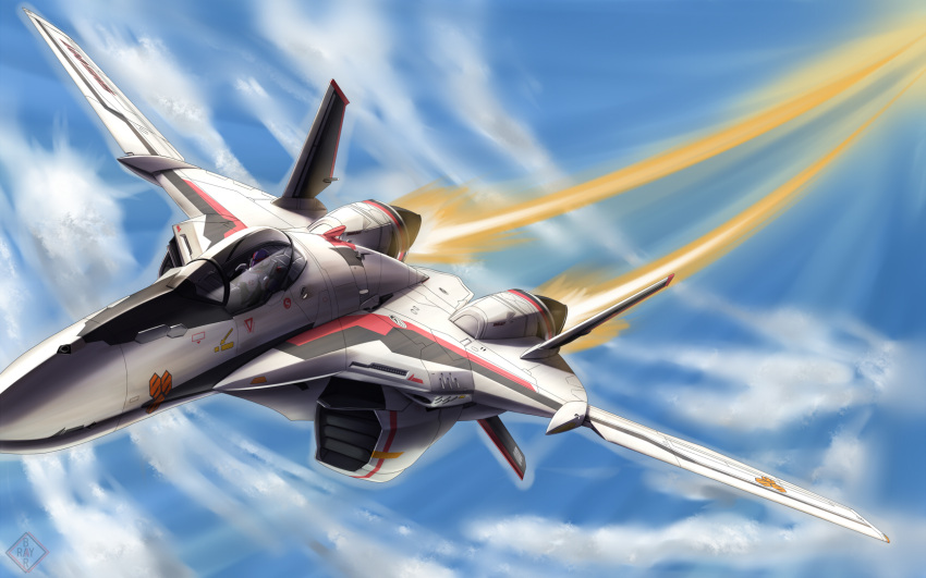 1boy aircraft airplane cloud commentary_request day fighter_jet flying henry_gilliam highres jet macross macross_frontier military military_vehicle pilot_suit raybar saotome_alto sky variable_fighter vehicle_focus vf-25