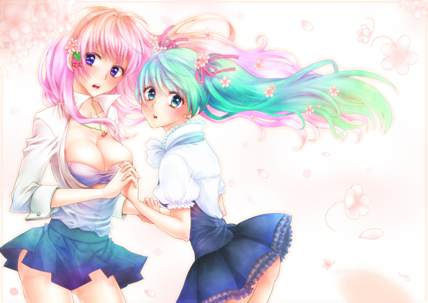 2girls aqua_eyes aqua_hair bad_id bad_pixiv_id breasts cleavage floating_hair flower hair_flower hair_ornament hair_ribbon hatsune_miku holding_hands interlocked_fingers jewelry long_hair medium_breasts megurine_luka multiple_girls necklace neziiro pink_hair purple_eyes ribbon skirt vocaloid