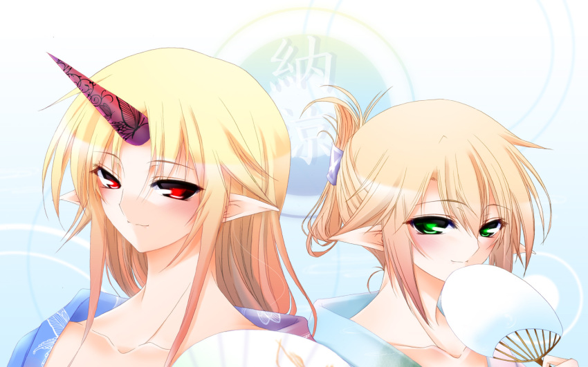 2girls alternate_hairstyle commentary_request folded_ponytail green_eyes hair_up hand_fan hazuki_kasane highres horns hoshiguma_yuugi japanese_clothes kimono mizuhashi_parsee multiple_girls paper_fan pointy_ears portrait red_eyes single_horn smile touhou uchiwa yukata