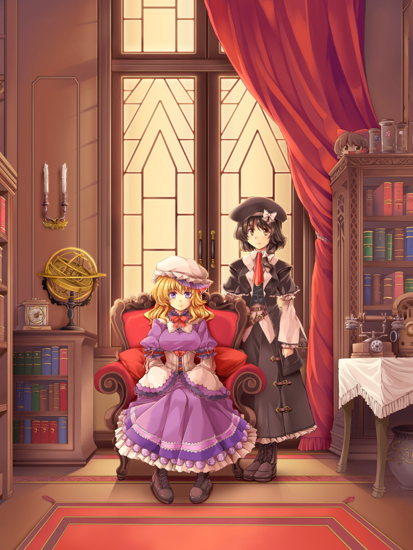 2girls adapted_costume antique_phone armchair armillary_sphere blonde_hair book bookshelf boots brown_eyes brown_hair candle chair clock commentary_request corded_phone corset cross-laced_footwear embellished_costume hakurei_reimu hat highres indoors lace-up_boots maribel_hearn multiple_girls phone photoshop_(medium) room rotary_phone short_hair sitting smile touhou usami_renko windart yukkuri_shiteitte_ne