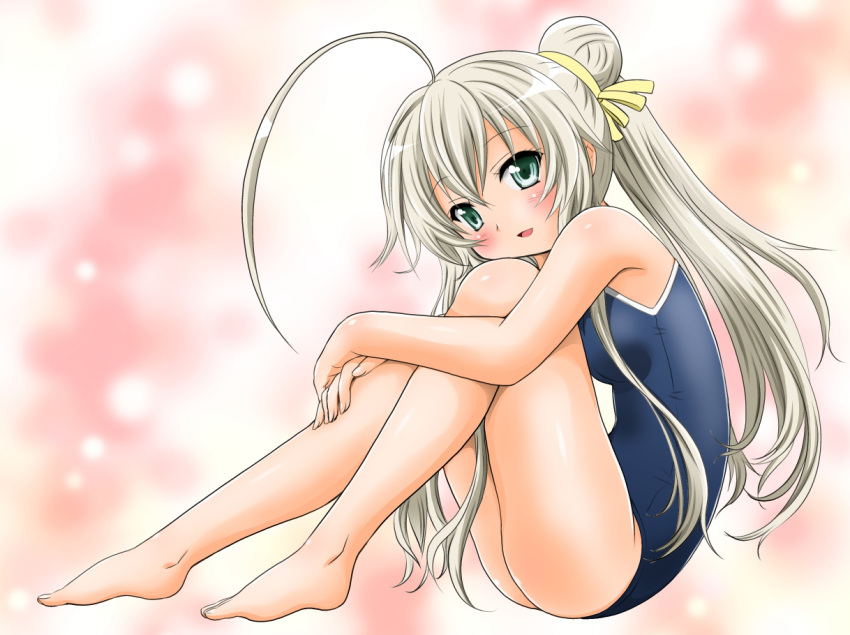 ahoge bad_id bad_pixiv_id barefoot double_bun female green_eyes grey_hair hair_bun haiyore!_nyaruko-san huge_ahoge hugging_own_legs long_hair nyarlathotep_(nyaruko-san) one-piece_swimsuit photoshop_(medium) school_swimsuit sitting solo swimsuit yoshitani_motoka