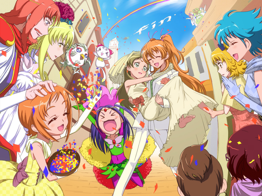 4boys 6+girls aphrodite_(suite_precure) barefoot baritone_(suite_precure) bassdrum blue_crown blue_eyes blue_sky bridal_veil bride brown_hair carrying classmate_with_glasses_(suite_precure) closed_eyes commentary_request day dress eyelashes falsetto_(suite_precure) flower-trimmed_crown formal girl_with_topknot_(suite_precure) good_end happy higashiyama_seika houjou_hibiki hummy_(suite_precure) kurokawa_eren long_dress long_hair mephisto_(suite_precure) minamino_kanade multiple_boys multiple_girls nikukyuu-man nishijima_waon noise_(suite_precure) orange_hair p-chan_(suite_precure) precure princess_carry rainbow seiren_(suite_precure) shirabe_ako sky smile suit suite_precure veil wedding wedding_dress white_suit wife_and_wife yuri