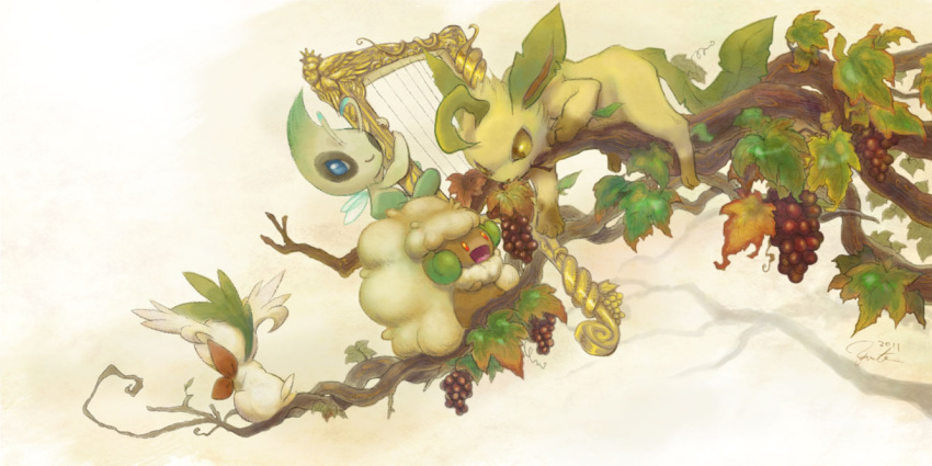 blue_eyes branch celebi commentary_request food fruit grapes harp horns instrument leaf leafeon no_humans open_mouth pokemon pokemon_(creature) red_eyes shaymin shaymin_(sky) sitting smile whimsicott wings yellow_eyes yorujisa_yuuto