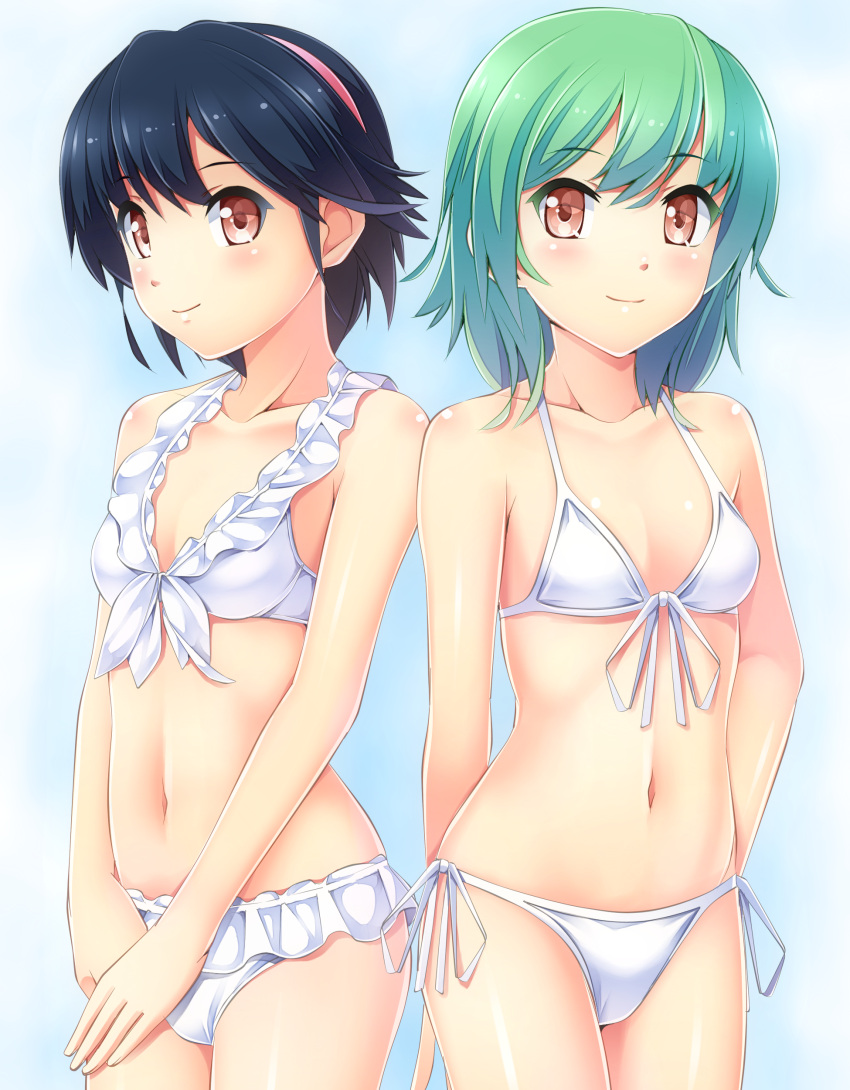 2girls absurdres bad_id bad_pixiv_id bikini black_hair brown_eyes frilled_bikini frills front-tie_top green_hair hairband highres jikkyou_powerful_pro_yakyuu komimiyako multiple_girls navel power_pro_kun_pocket power_pro_kun_pocket_10 shiny_skin short_hair side-tie_bikini_bottom swimsuit takashina_nao white_bikini yoshizuki_sara