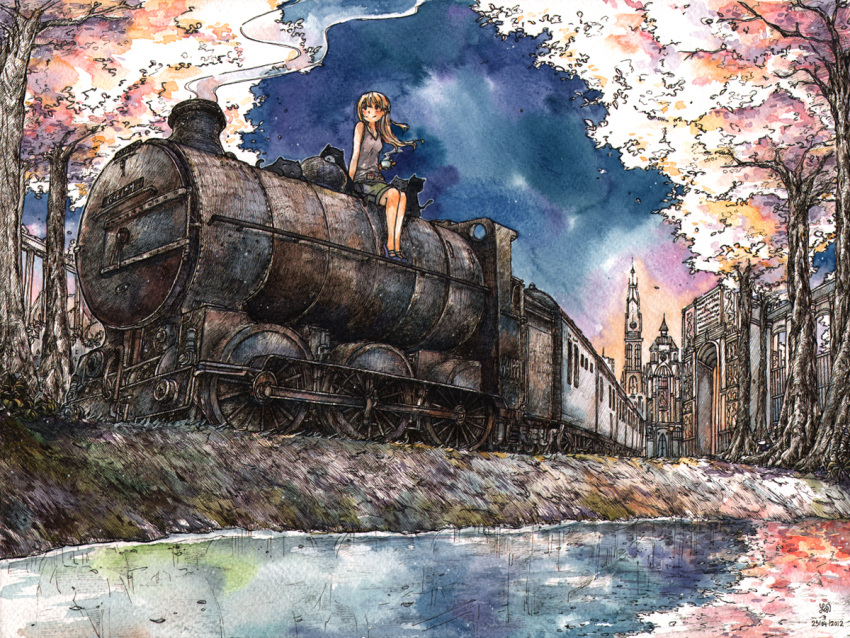 architecture cherry_blossoms city commentary_request cup feline female locomotive mooku nature original outdoors photoshop_(medium) riding scenery sitting sky smile solo steam_locomotive teacup traditional_media train tree water