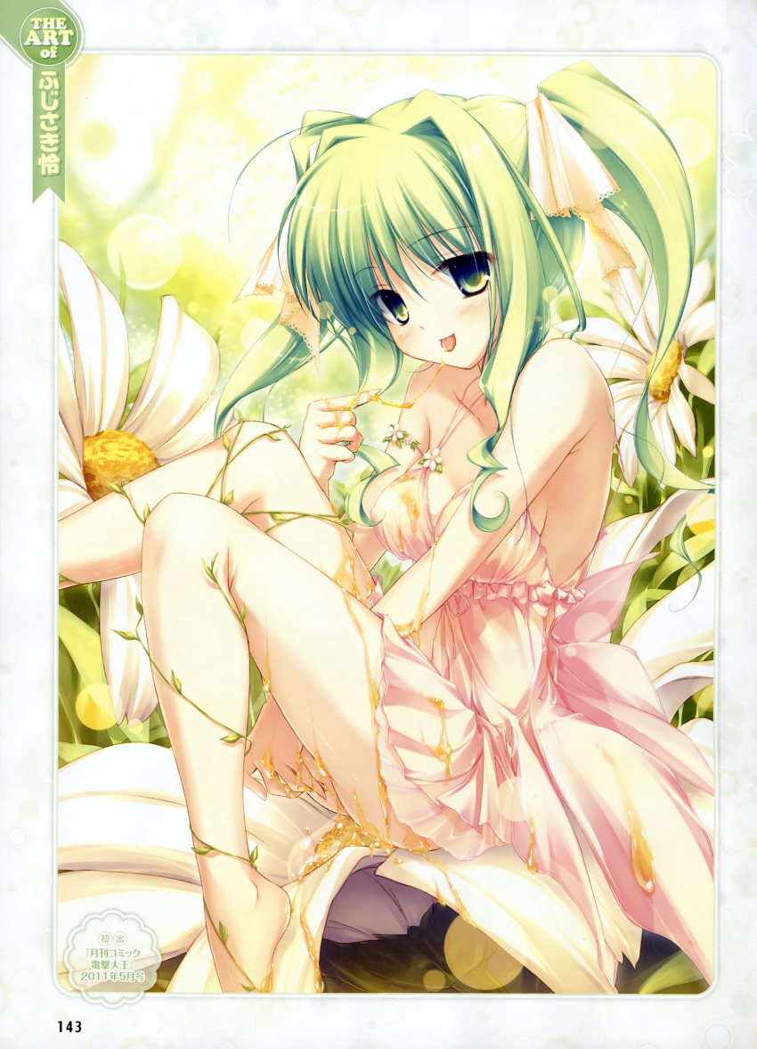 absurdres ahoge bare_legs bare_shoulders barefoot breasts cleavage covered_nipples dengeki_moeou dress female flower fujisaki_rei green_eyes green_hair highres honey long_hair medium_breasts mini_person minigirl original photoshop_(medium) pink_dress plant scan sexually_suggestive sitting solo tongue twintails vines