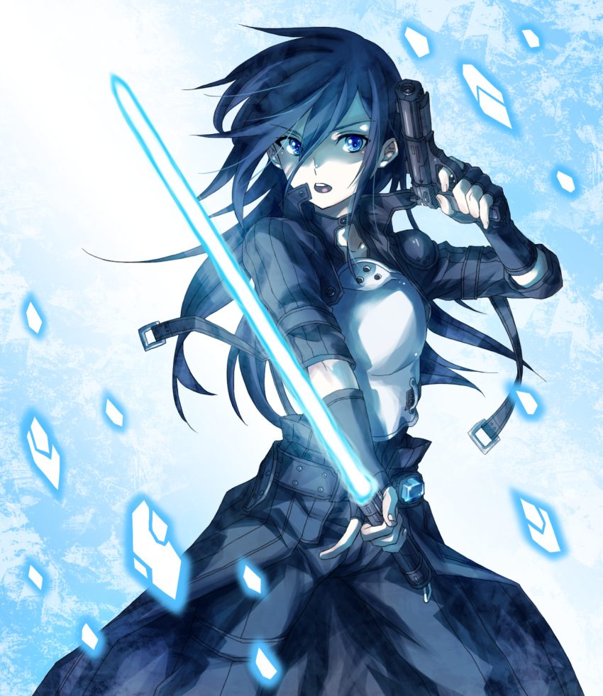 1boy androgynous armor bad_id bad_pixiv_id beam_saber black_hair blue_eyes breastplate dual_wielding energy energy_beam energy_sword fingerless_gloves gloves glowing glowing_sword glowing_weapon gun handgun highres holding holding_gun holding_sword holding_weapon kagemitsu_g4 kirito kirito_(sao-ggo) long_hair machi_fuka male_focus otoko_no_ko science_fiction solo sword sword_art_online weapon