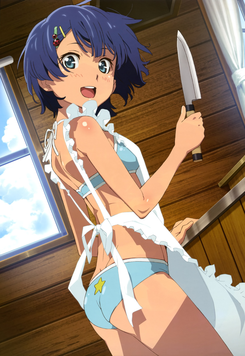 :d absurdres ano_natsu_de_matteru apron aqua_eyes ass bikini blue_hair blush breasts cooking dutch_angle female hair_ornament hairclip halterneck highres holding holding_knife kitchen_knife knife looking_at_viewer looking_to_the_side medium_breasts nearly_naked_apron nyantype official_art open_mouth round_teeth scan short_hair smile solo swimsuit tanaka_masayoshi tanigawa_kanna teeth