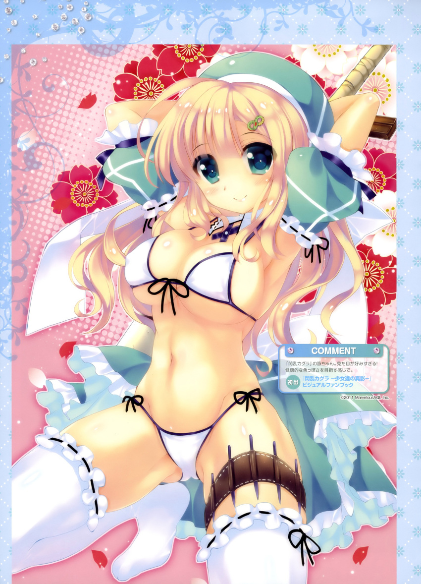 absurdres ariko_youichi armpits arms_up bikini blonde_hair breasts cleavage dengeki_moeou detached_sleeves female frilled_thighhighs frills front-tie_top green_eyes hat highres holster large_breasts long_hair looking_at_viewer navel needle photoshop_(medium) scan senran_kagura senran_kagura_shoujo-tachi_no_shin'ei side-tie_bikini_bottom smile solo squatting string_bikini swimsuit thigh_holster thigh_strap thighhighs white_bikini white_thighhighs yomi_(senran_kagura)