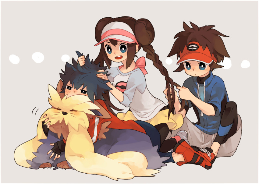 2boys bad_id bad_pixiv_id black_hair blue_eyes blush braid braiding_hair brown_hair double_bun doughnut_hair_bun female hair_bun hairdressing hugh_(pokemon) humming jacket leggings long_hair miniskirt mrokr multiple_boys nate_(pokemon) pantyhose playing_with_another's_hair pokemon pokemon_(creature) pokemon_bw2 raglan_sleeves ribbon rosa_(pokemon) shoes simple_background skirt sneakers stoutland twin_braids visor_cap