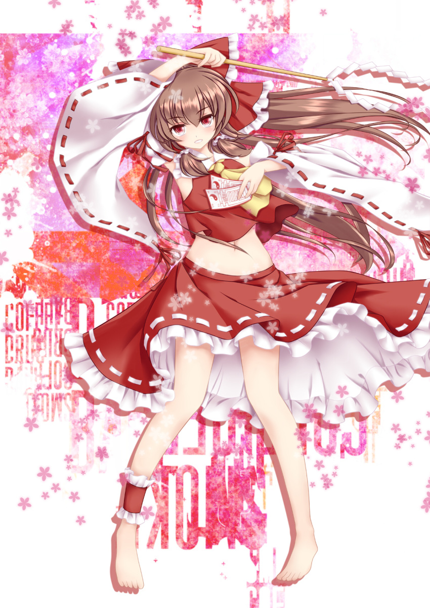 arm_up ascot bad_id bad_pixiv_id barefoot bow brown_hair detached_sleeves female gohei hairbow hakurei_reimu highres long_hair midriff navel nekokotei ofuda red_eyes red_skirt skirt skirt_set solo touhou